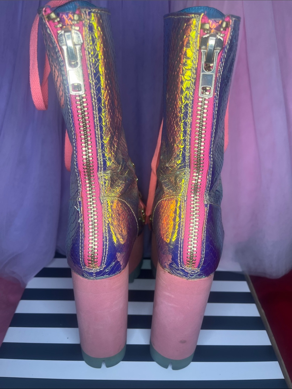 Iridescent Purple Platform Lace-Up Boots with Coral Laces - Picture 9 of 12